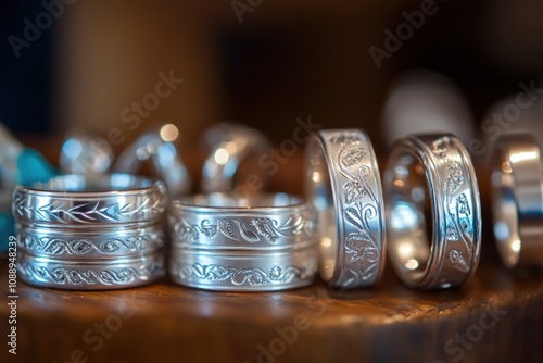 A collection of intricately designed silver rings displayed on a wooden surface.