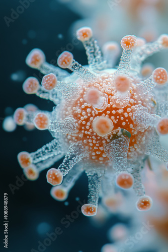 close up view of virus showcasing intricate details and textures, highlighting its structure and unique features. This scientific photography captures essence of microscopic life