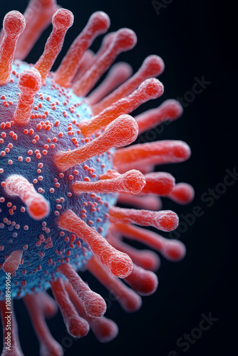 detailed macro photograph of virus, showcasing its intricate structure and vibrant colors. image highlights scientific aspects of virology and microscopic life