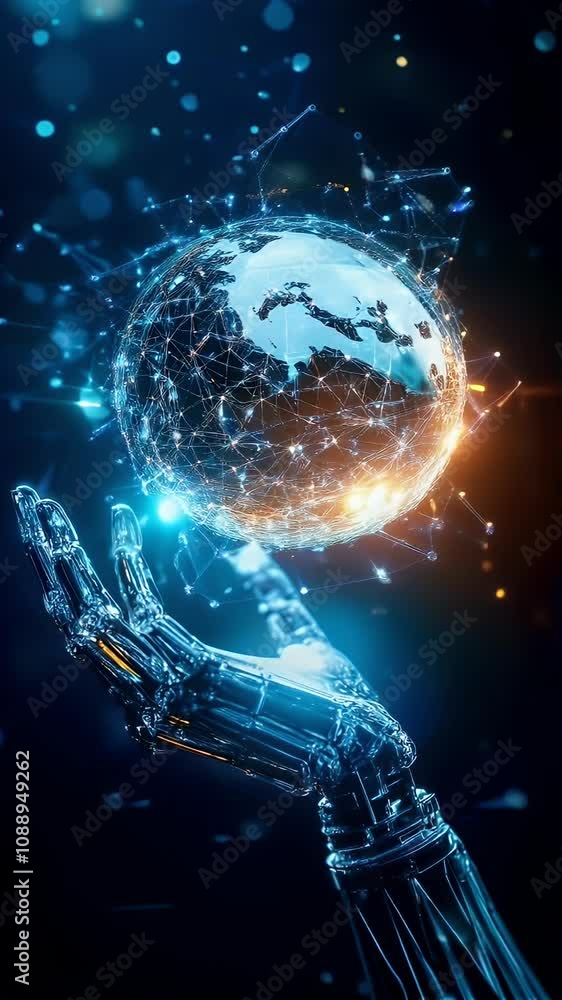 Robot hand touching a digital globe, symbol of futuristic connection and technological innovation. Robot hand touching a digital globe, symbol of futuristic connection and technological innovation.