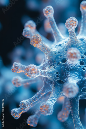 Microscopic view of virus showcasing intricate details and textures. vibrant colors and structures highlight complexity of viral forms in scientific photography