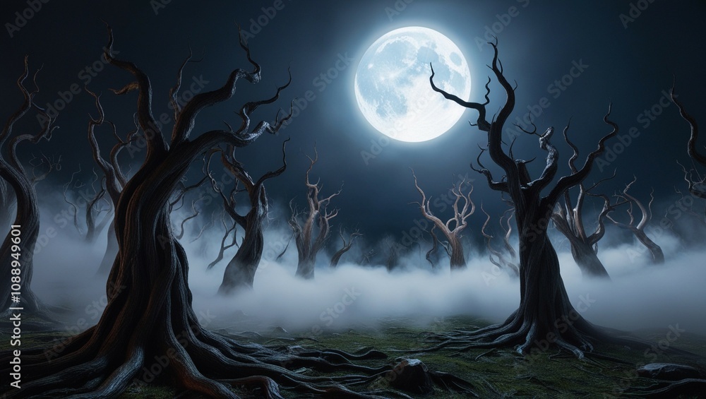Fototapeta premium Dry trees in the foggy forest, a full moon overhead, a pitch-black night, and a terrifying backdrop