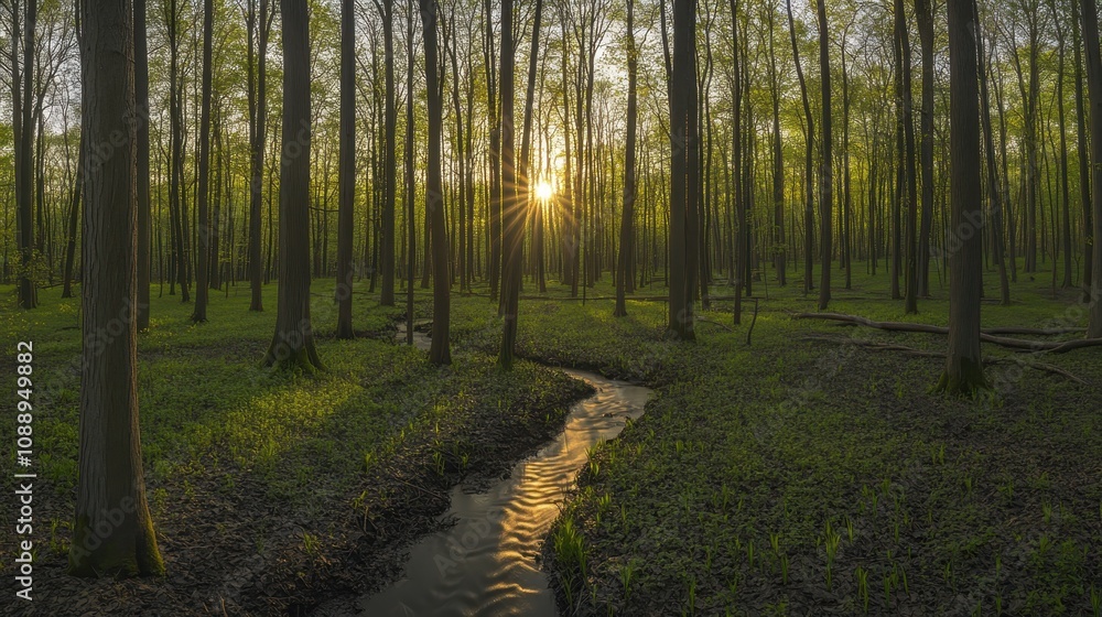 Fototapeta premium Sunlit stream flows through spring forest.