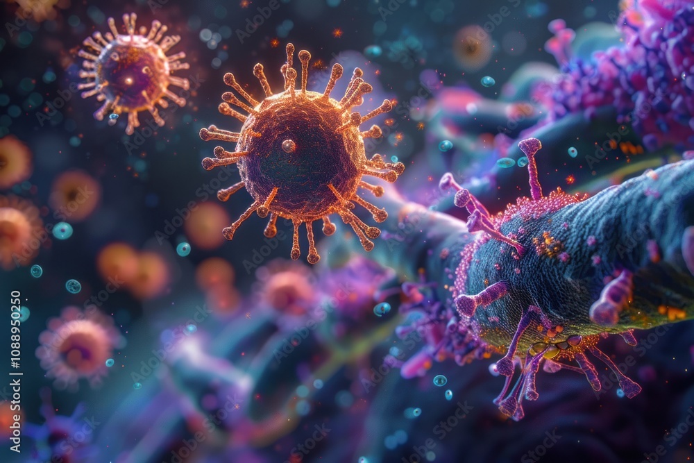 various viruses and bacteria magnified under a microscope against an abstract background various viruses and bacteria magnified under a microscope against an abstract background