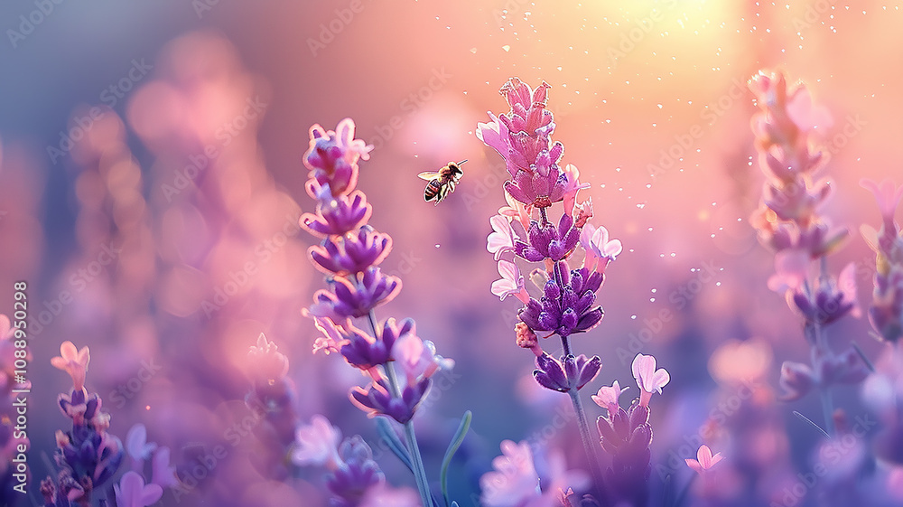 Naklejka premium delicate lavender background, spring flowers and bees in purple soft colors