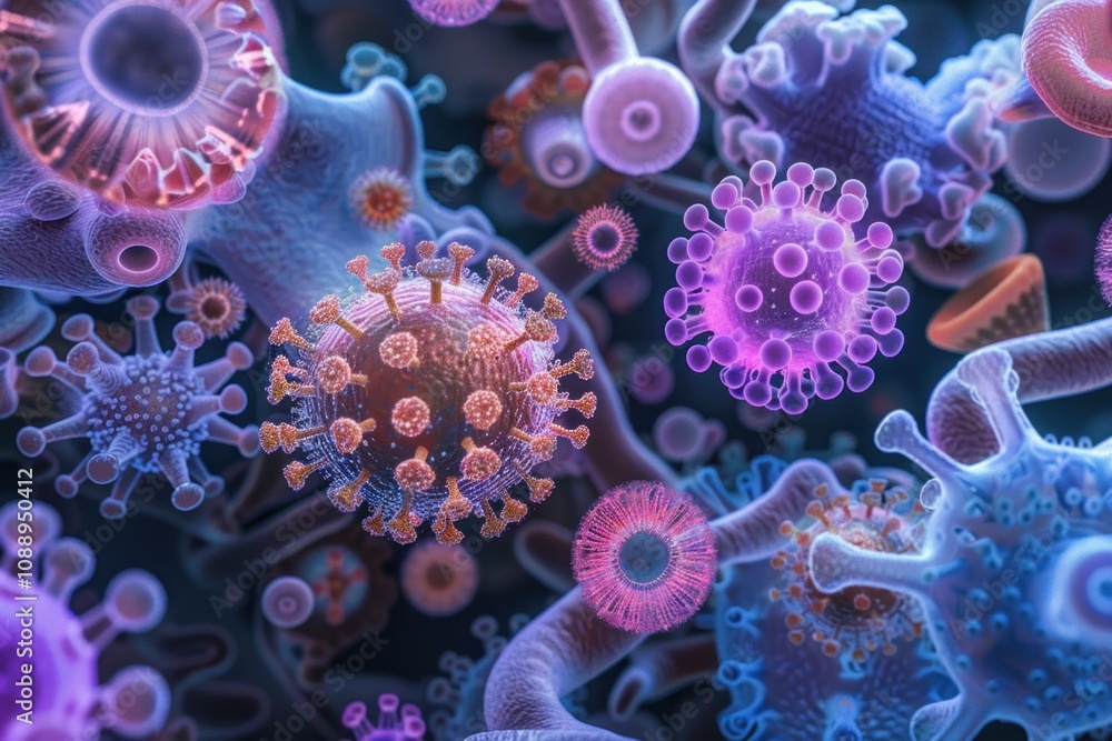 various viruses and bacteria magnified under a microscope against an abstract background various viruses and bacteria magnified under a microscope against an abstract background