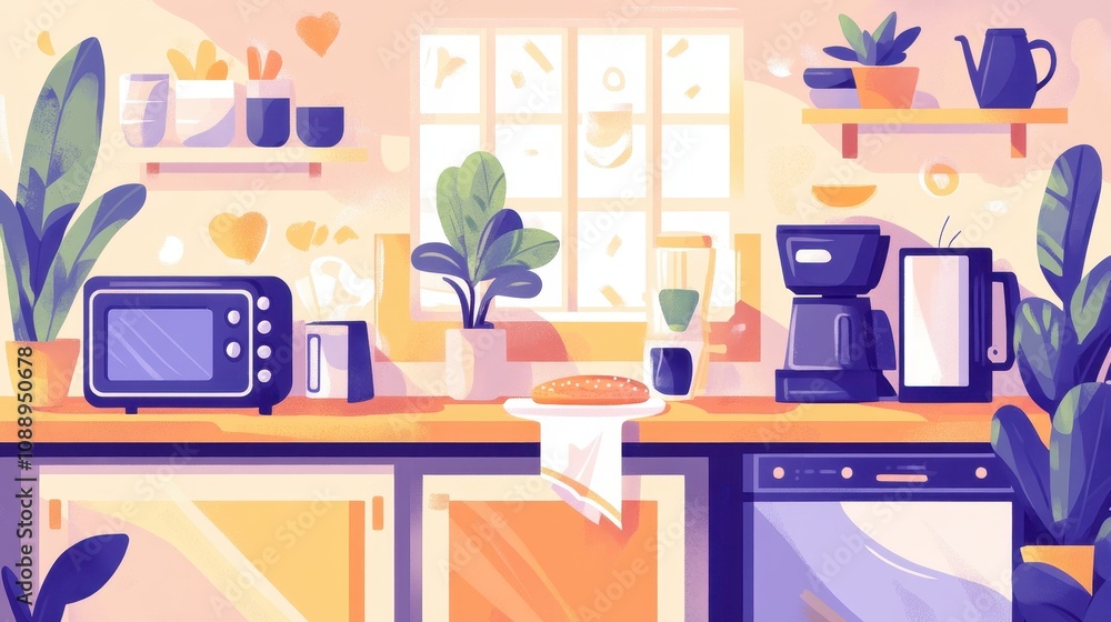 Sunny kitchen countertop with appliances, plants, and bread. Sunny kitchen countertop with appliances, plants, and bread.