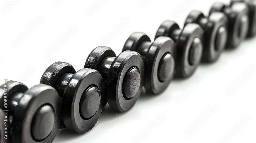 Close-up of a Black Roller Chain on White Background: Industrial Mechanical Component Detail Close-up of a Black Roller Chain on White Background: Industrial Mechanical Component Detail