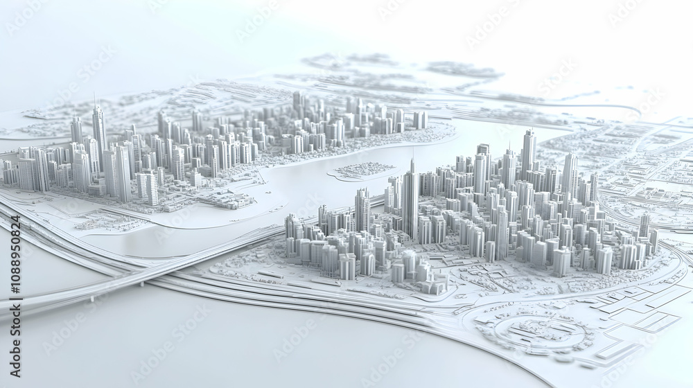 Fototapeta premium A 3D Render of a Stylized Cityscape in White, Showcasing a Modern Metropolis with Skyscrapers and Highways, Providing an Abstract Visualization of Urban Development