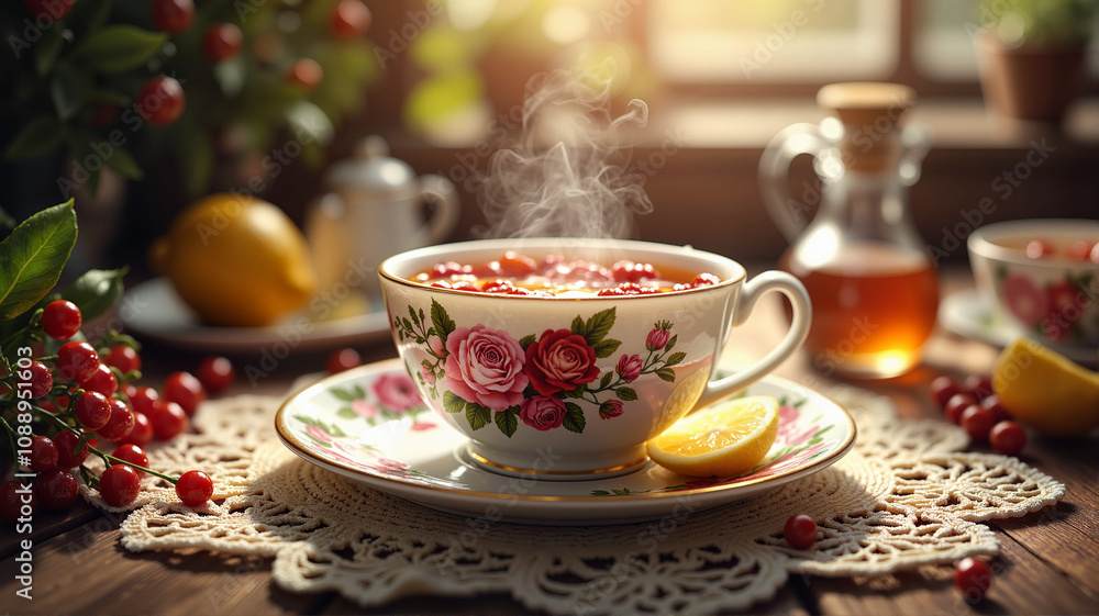 Steaming rosehip tea in floral cup on lace doily Steaming rosehip tea in floral cup on lace doily