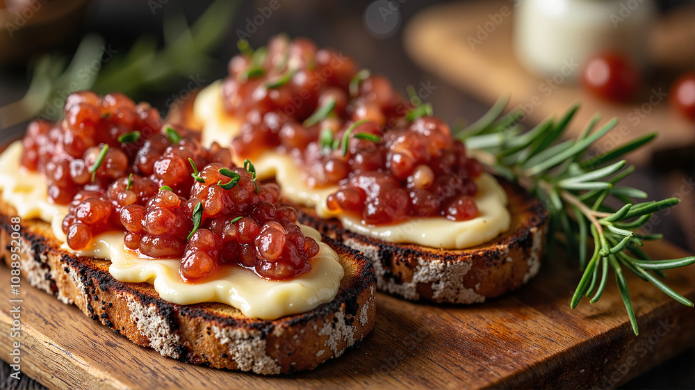 Rosehip jam bruschetta with cheese on wooden board Rosehip jam bruschetta with cheese on wooden board