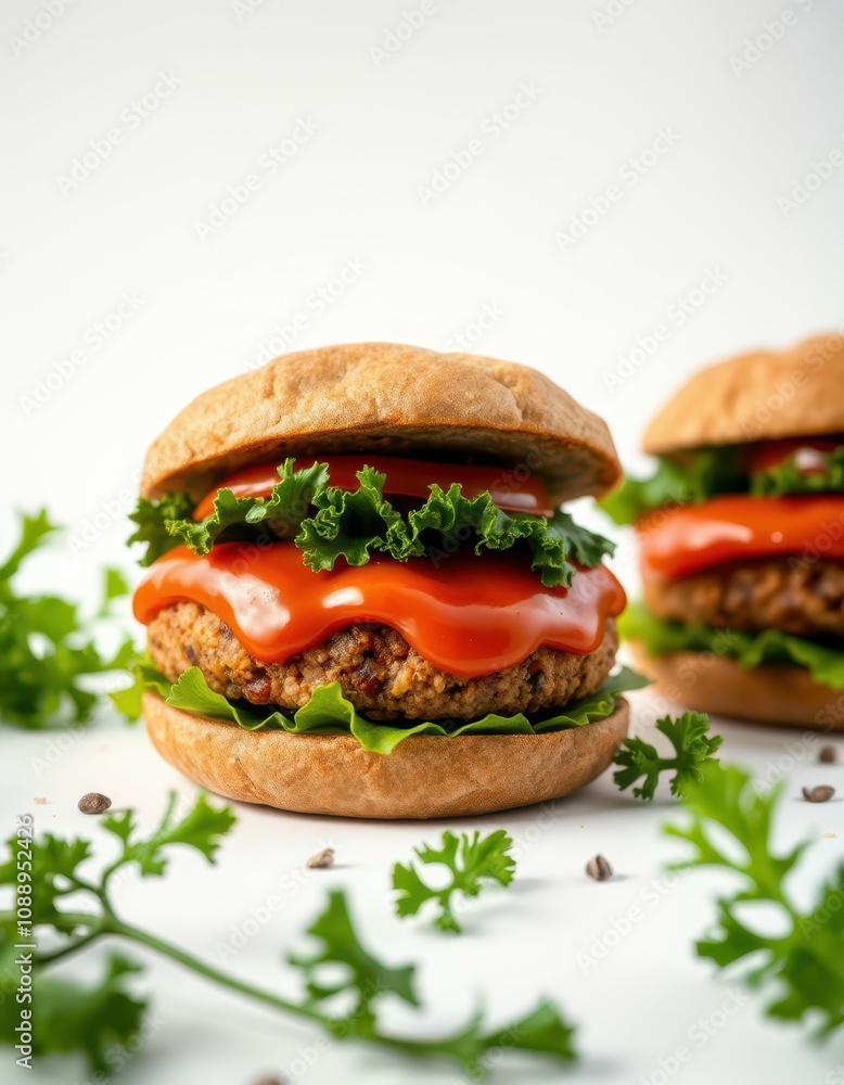 Delicious veggie burgers with tomato sauce and lettuce sit on a white background ready to be eaten Delicious veggie burgers with tomato sauce and lettuce sit on a white background ready to be eaten