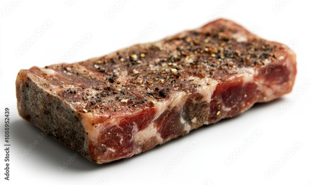 a piece of uncooked seasoned mutton steak, showing all detailed texture, no shadow, plain white background a piece of uncooked seasoned mutton steak, showing all detailed texture, no shadow, plain white background