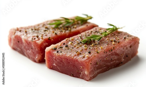 a piece of uncooked seasoned mutton steak, showing all detailed texture, no shadow, plain white background