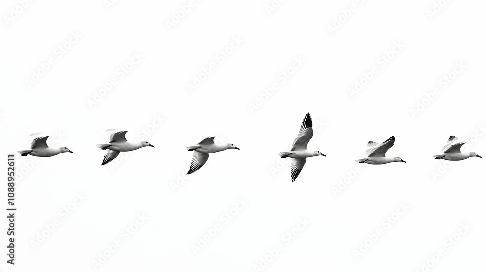 A Formation of Six Seagulls Flying in a Row Against a Clear White Sky, Capturing a Moment of Graceful Flight and Natural Beauty A Formation of Six Seagulls Flying in a Row Against a Clear White Sky, Capturing a Moment of Graceful Flight and Natural Beauty