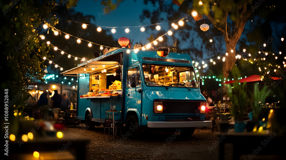 Obraz premium A blue food truck is parked in a lot at night with string lights overhead, serving delicious food to customers.