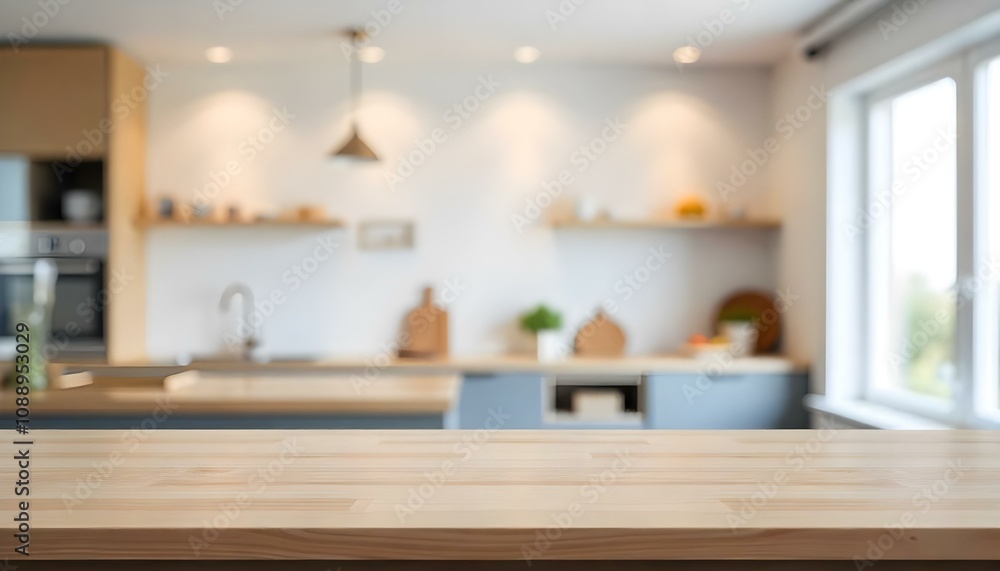 Wooden table top with blurred kitchen interior in the background Wooden table top with blurred kitchen interior in the background