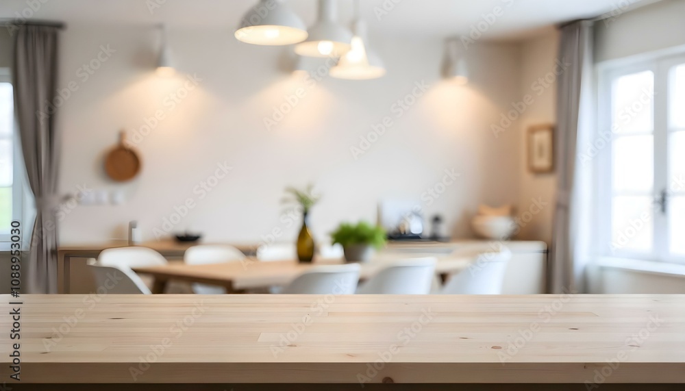 Wooden table top with blurred kitchen interior in the background Wooden table top with blurred kitchen interior in the background