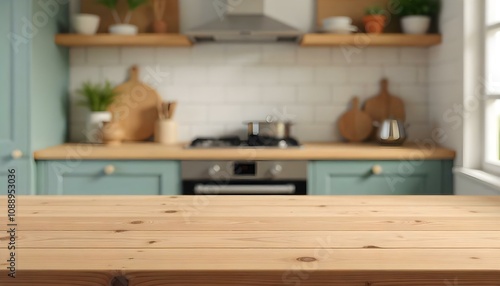 Wooden table top with blurred kitchen interior in the background