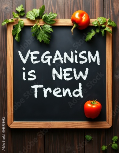 Veganism is the new trend a chalkboard declares surrounded by fresh produce photo