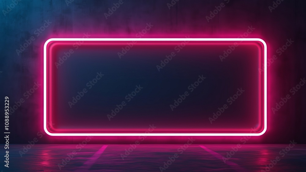 Neon glowing rectangular frame in pink and blue on dark tiled wall background. Neon glowing rectangular frame in pink and blue on dark tiled wall background.