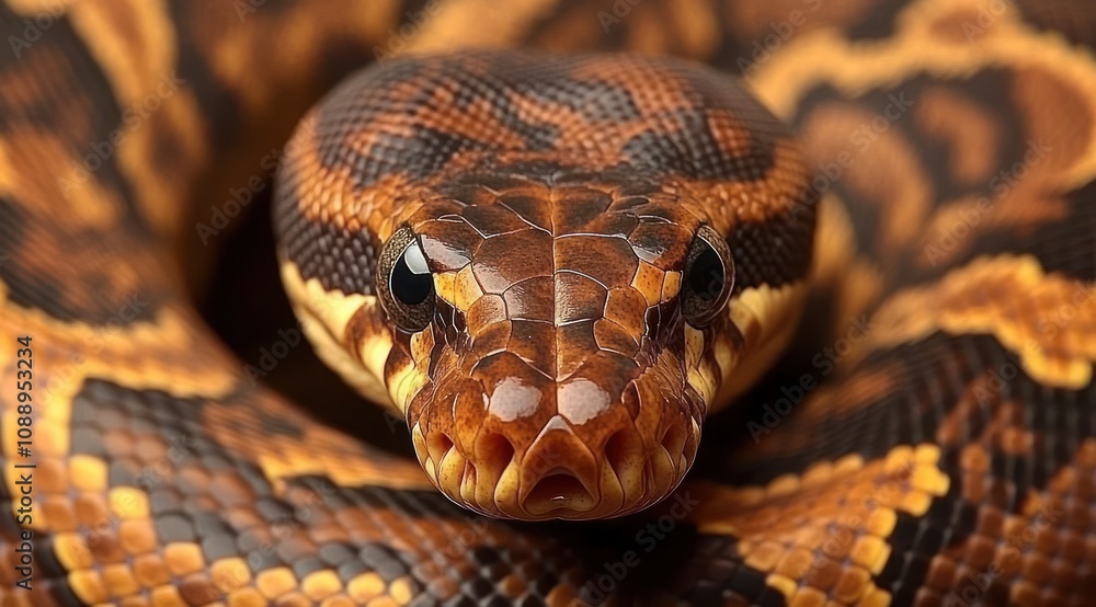 Close-up of a vibrant, patterned snake showcasing its scales and facial features. Close-up of a vibrant, patterned snake showcasing its scales and facial features.