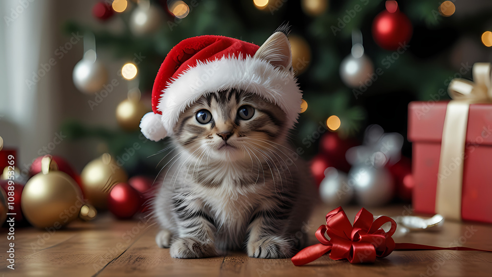 Close up of a cute kitten wearing a Santa Claus hat on a table with Christmas attributes around it Close up of a cute kitten wearing a Santa Claus hat on a table with Christmas attributes around it