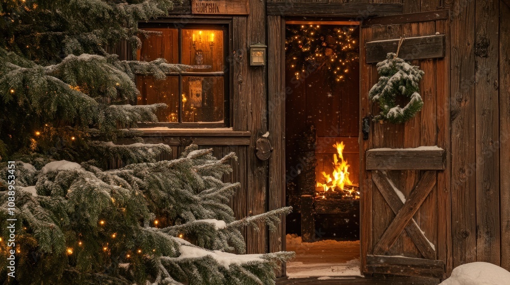 A cozy cabin with a warm fire, surrounded by snow and festive lights. A cozy cabin with a warm fire, surrounded by snow and festive lights.
