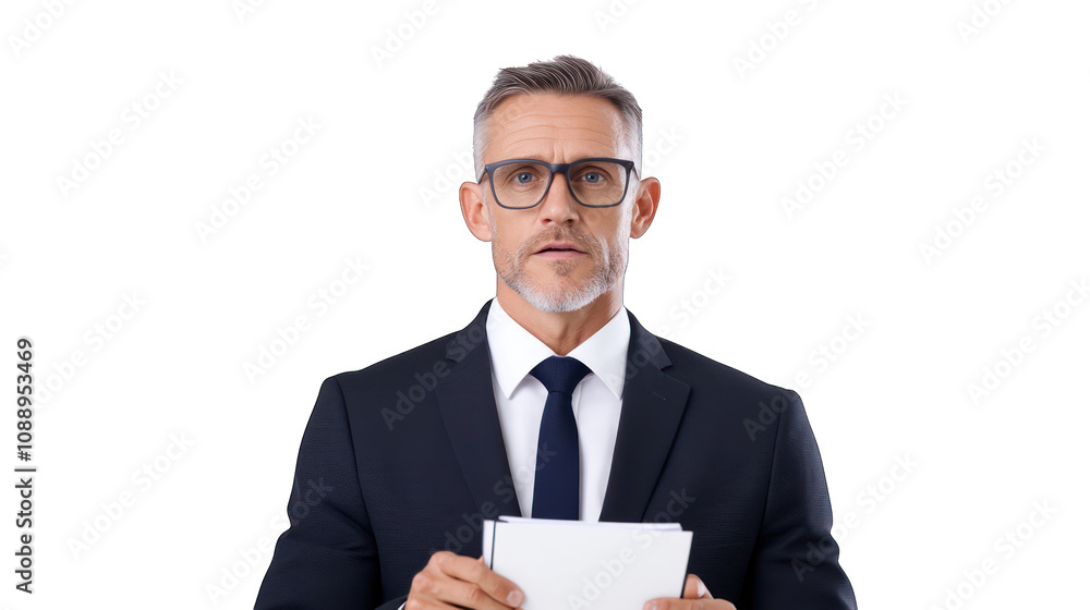A business professional holding documents with a serious expression. Transparent background. A business professional holding documents with a serious expression. Transparent background.