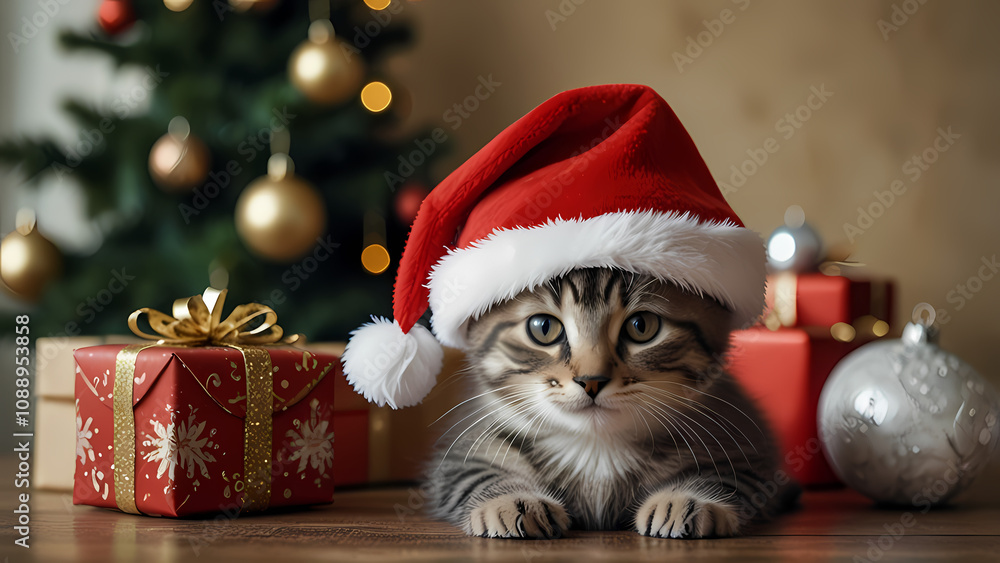 Close up of a cute kitten wearing a Santa Claus hat on a table with Christmas attributes around it Close up of a cute kitten wearing a Santa Claus hat on a table with Christmas attributes around it