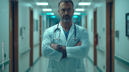  A doctor with his arms crossed in a long hospital corridor. His face is not visible. He is wearing a white coat and has a stethoscope hanging around his neck. Ultra-detailed image