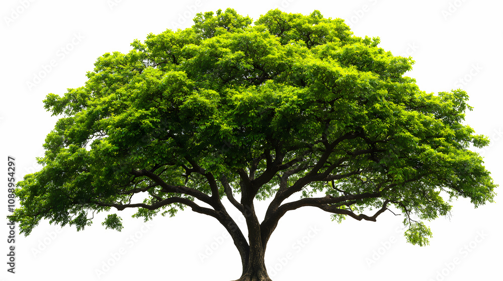 A Lush Green Tree with Thick Branches and Dense Foliage Isolated on a White Background A Lush Green Tree with Thick Branches and Dense Foliage Isolated on a White Background