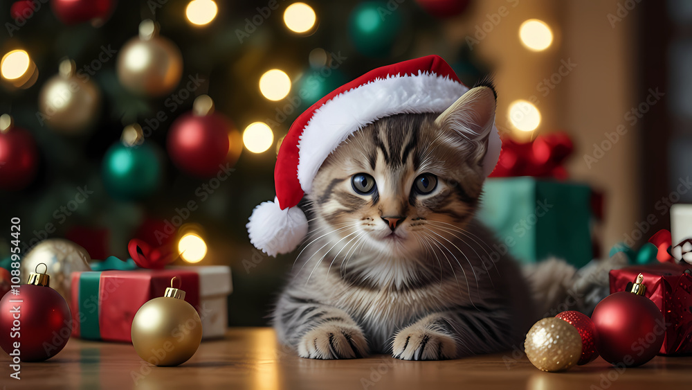 Close up of a cute kitten wearing a Santa Claus hat on a table with Christmas attributes around it Close up of a cute kitten wearing a Santa Claus hat on a table with Christmas attributes around it
