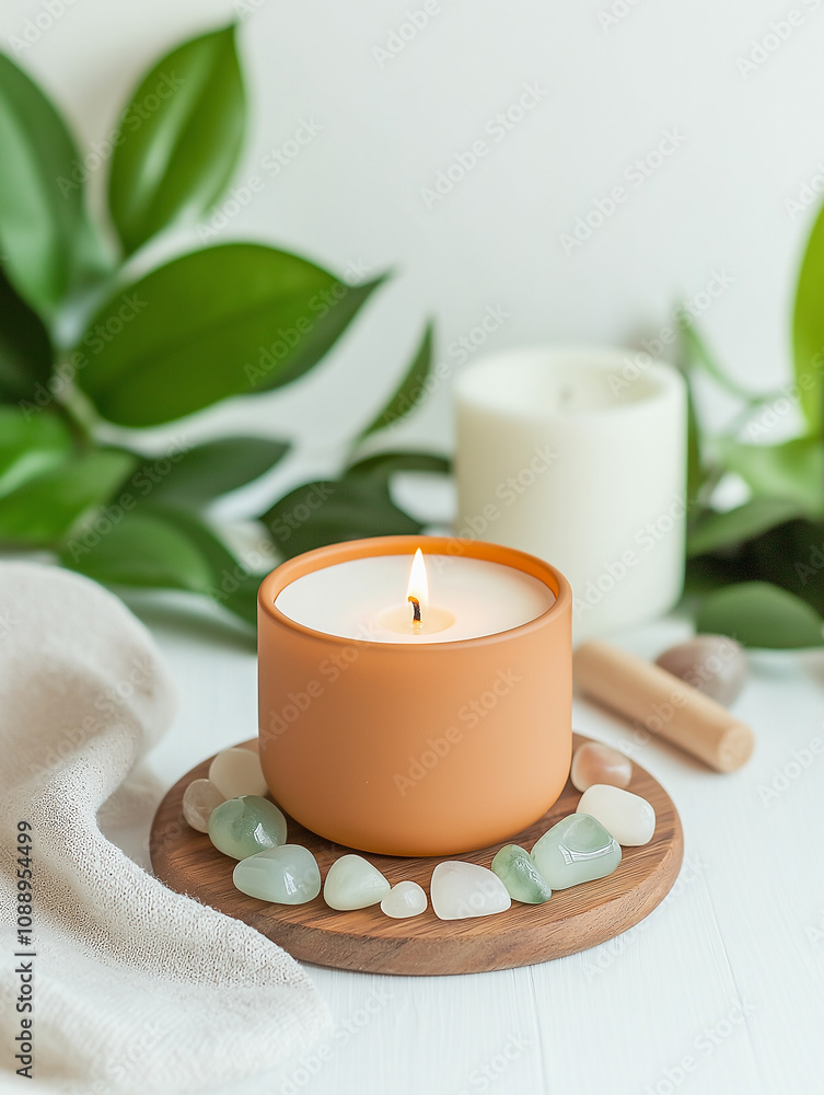 serene self care space featuring candle, crystals, and greenery serene self care space featuring candle, crystals, and greenery