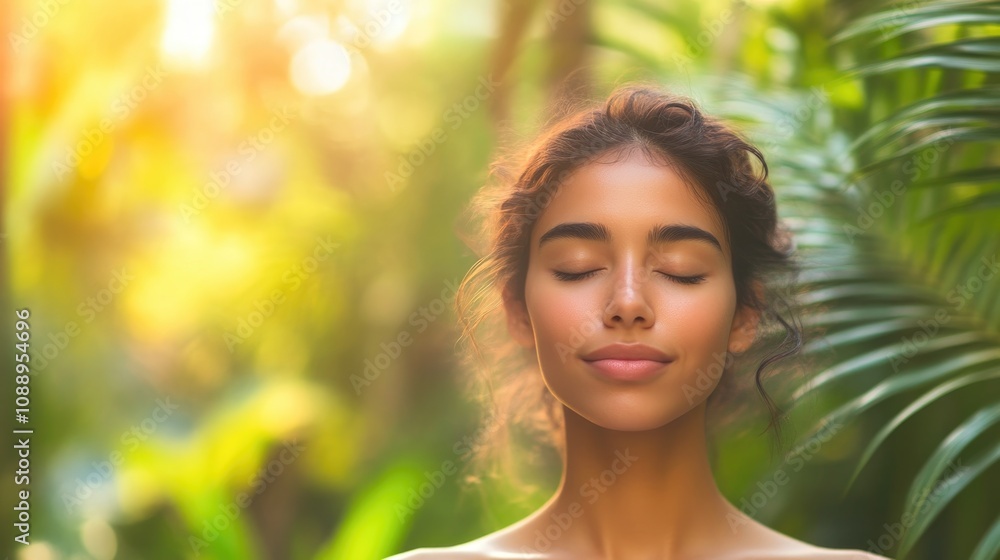 Young woman feeling harmony and balance in nature's surroundings Young woman feeling harmony and balance in nature's surroundings