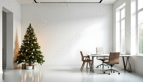 A modern, minimalist office space with a large blank white wall, a Christmas tree, and a desk with chairs