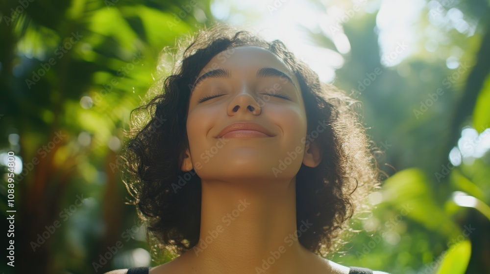 Relaxation and serenity: Woman with eyes closed in lush park Relaxation and serenity: Woman with eyes closed in lush park