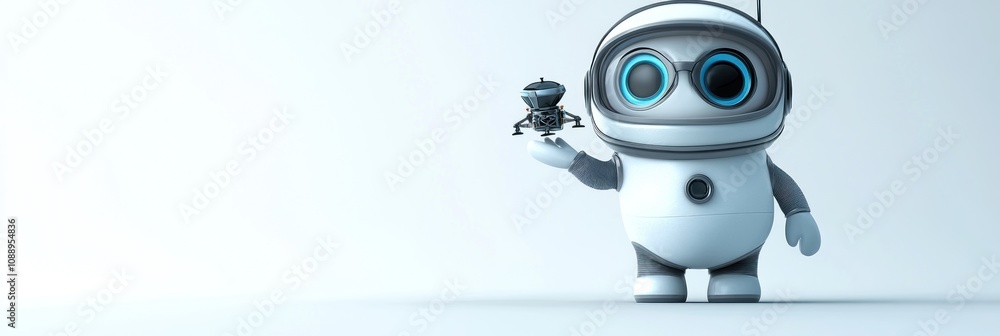 A cute robot character holding a small drone in a minimalist setting. A cute robot character holding a small drone in a minimalist setting.