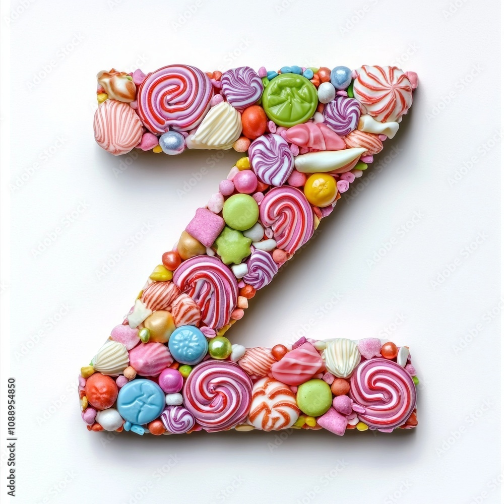 vibrant letter Z is artfully arranged with a delightful mix of candies such as lollipops gummies and mints. vibrant letter Z is artfully arranged with a delightful mix of candies such as lollipops gummies and mints.