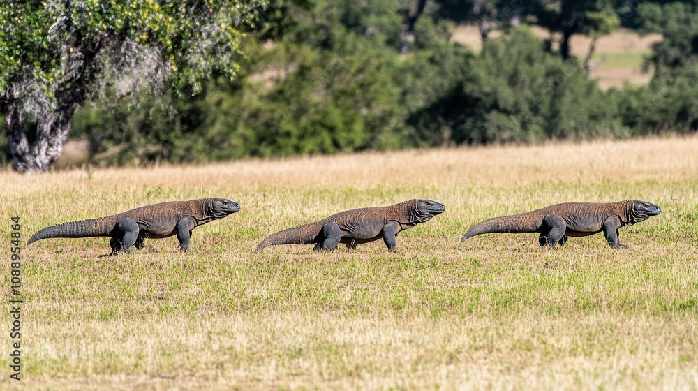 Three Komodo dragons walking in a line across a grassy field. Three Komodo dragons walking in a line across a grassy field.