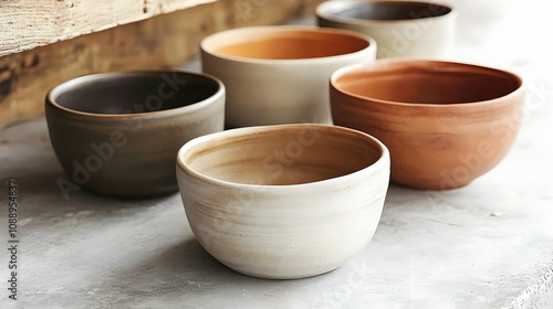 A Collection of Earthenware Bowls, Displaying a Variety of Colors and Glazes, Resting on a Concrete Countertop with a Piece of Wooden Plank in the Background, Presenting an Image of Rustic Elegance