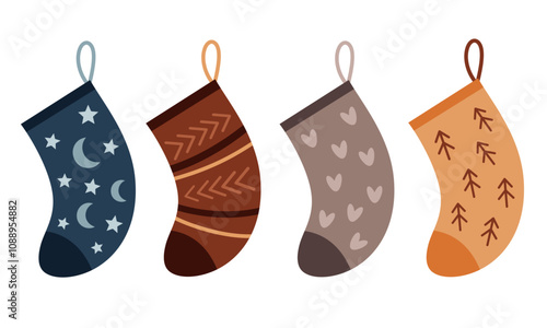 Boho Christmas socks clipart. Christmas clipart. Cute festive object. Hand drawn vector illustration in flat style