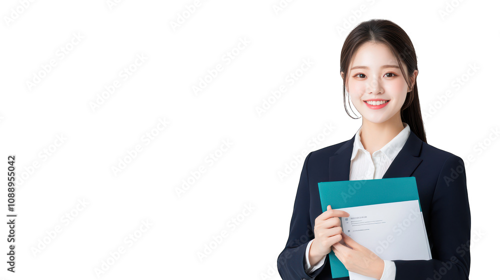 A smiling woman in formal attire holding a folder, exuding professionalism. Transparent background. A smiling woman in formal attire holding a folder, exuding professionalism. Transparent background.