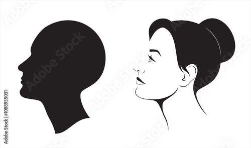 Vector set of outline and silhouette female woman's head profile, isolated, illustration on white background