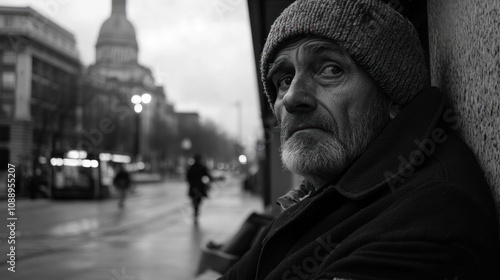 A somber elderly man gazes thoughtfully in a black and white urban setting.