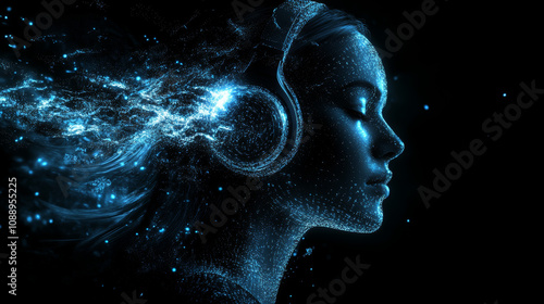 glowing face made of digital data particles, wearing headphones, exuding serene expression. image captures essence of music and technology in captivating way