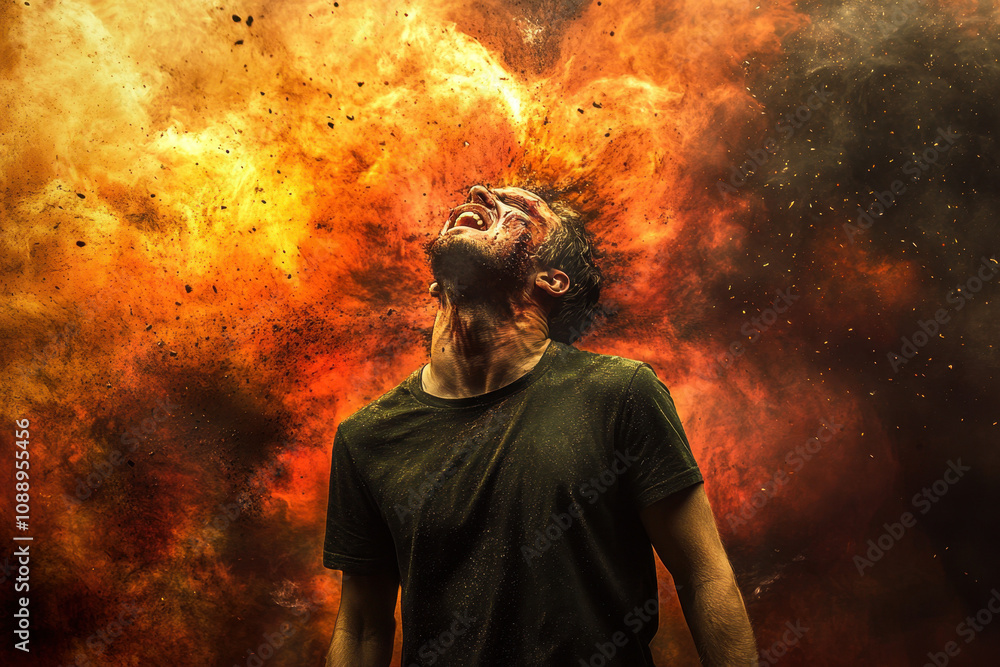 Dramatic moment of a man engulfed in a powerful explosion, with vibrant flames and intense emotions. Fiery orange and black tones dominate the scene. Dramatic moment of a man engulfed in a powerful explosion, with vibrant flames and intense emotions. Fiery orange and black tones dominate the scene.