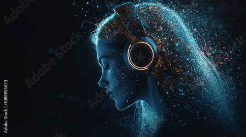 glowing face made of digital data particles, featuring woman with headphones, immersed in music and creativity. vibrant colors and ethereal effect create captivating atmosphere