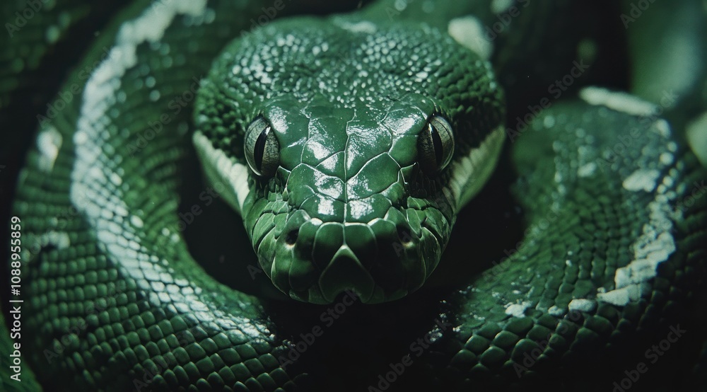 A close-up of a green snake, showcasing its scales and facial features in detail. A close-up of a green snake, showcasing its scales and facial features in detail.