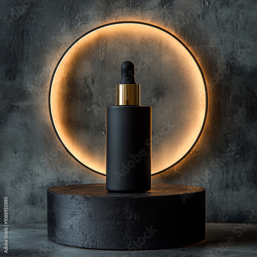 sleek black serum bottle with matte finish, elegantly displayed against glowing circular backdrop, exuding modern and luxurious aesthetic